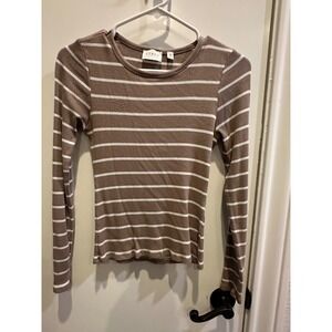 Cyrus Essentials Womens Ribbed Long Sleeve Striped Crew Neck Top Taupe White S